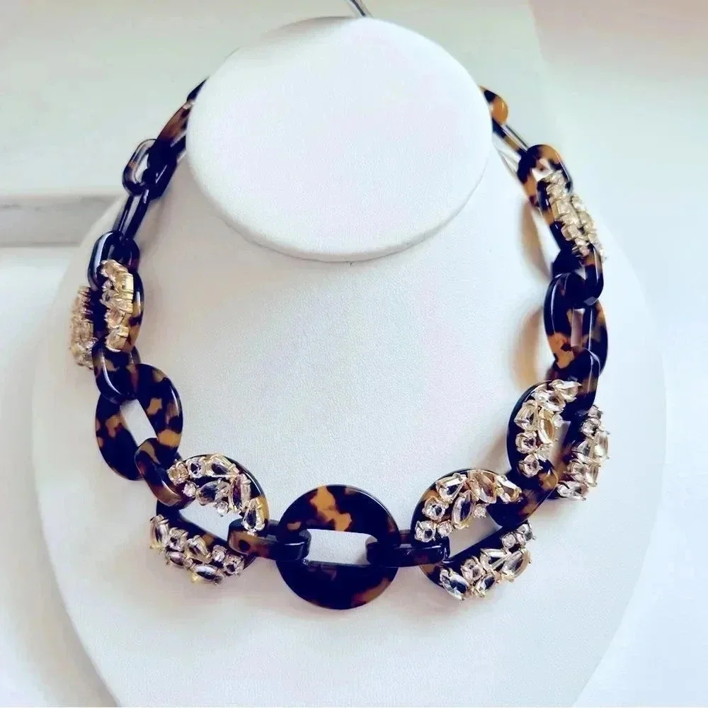 NWT J. Crew Tortoise And Rhinestone/Crystal Link Adjustable Statement Necklace